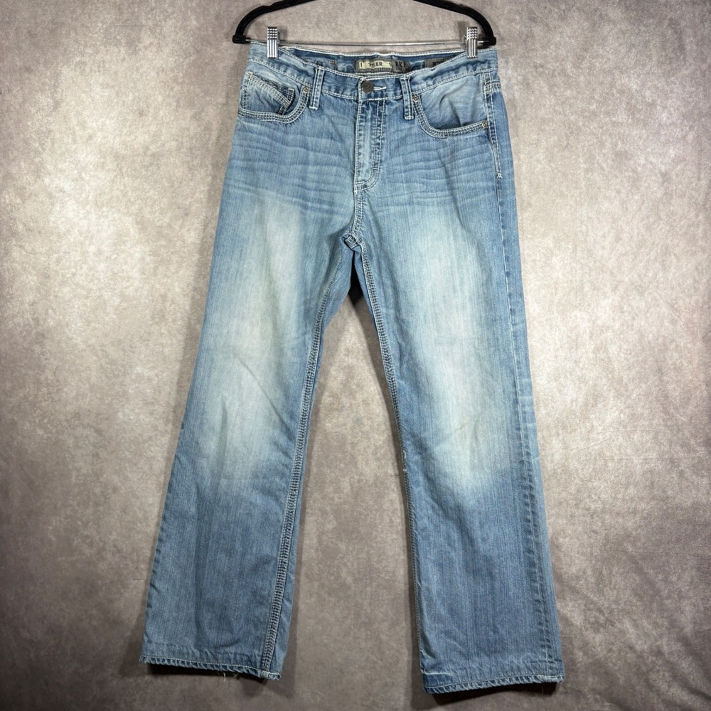 BKE Jeans Mens 32R Light Wash Tyler Straight Leg Distressed Heavy Stitch Casual